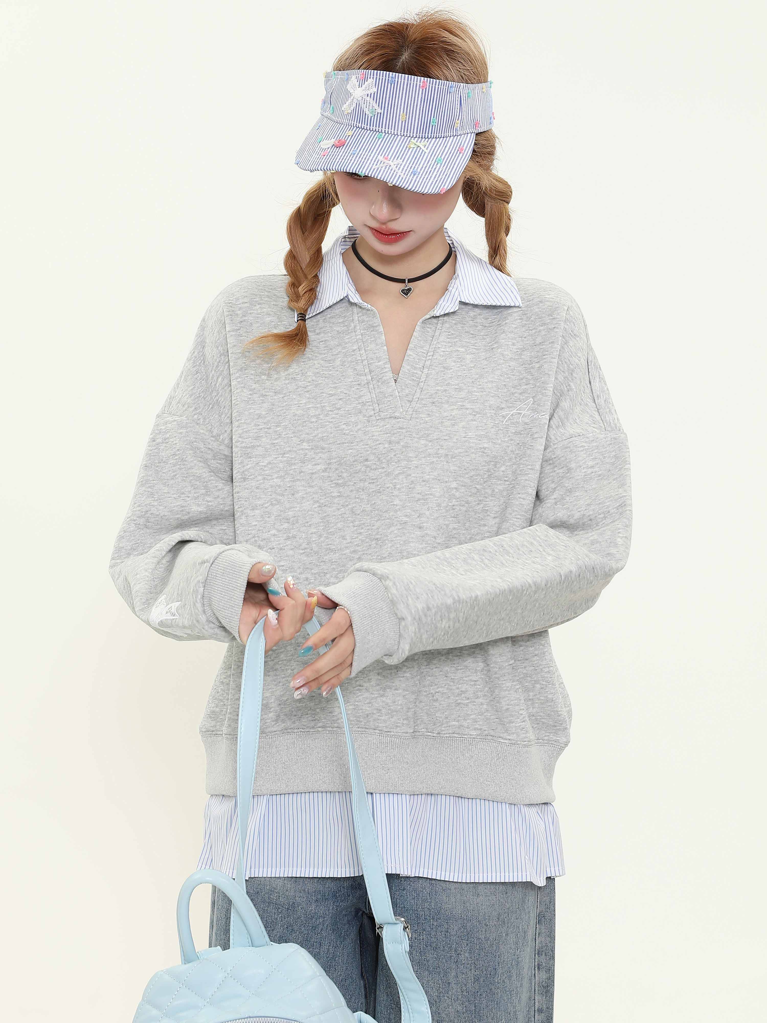 American Vintage Striped Splicing Long Sleeve Sweatshirt - Women's Oversized College Style Top