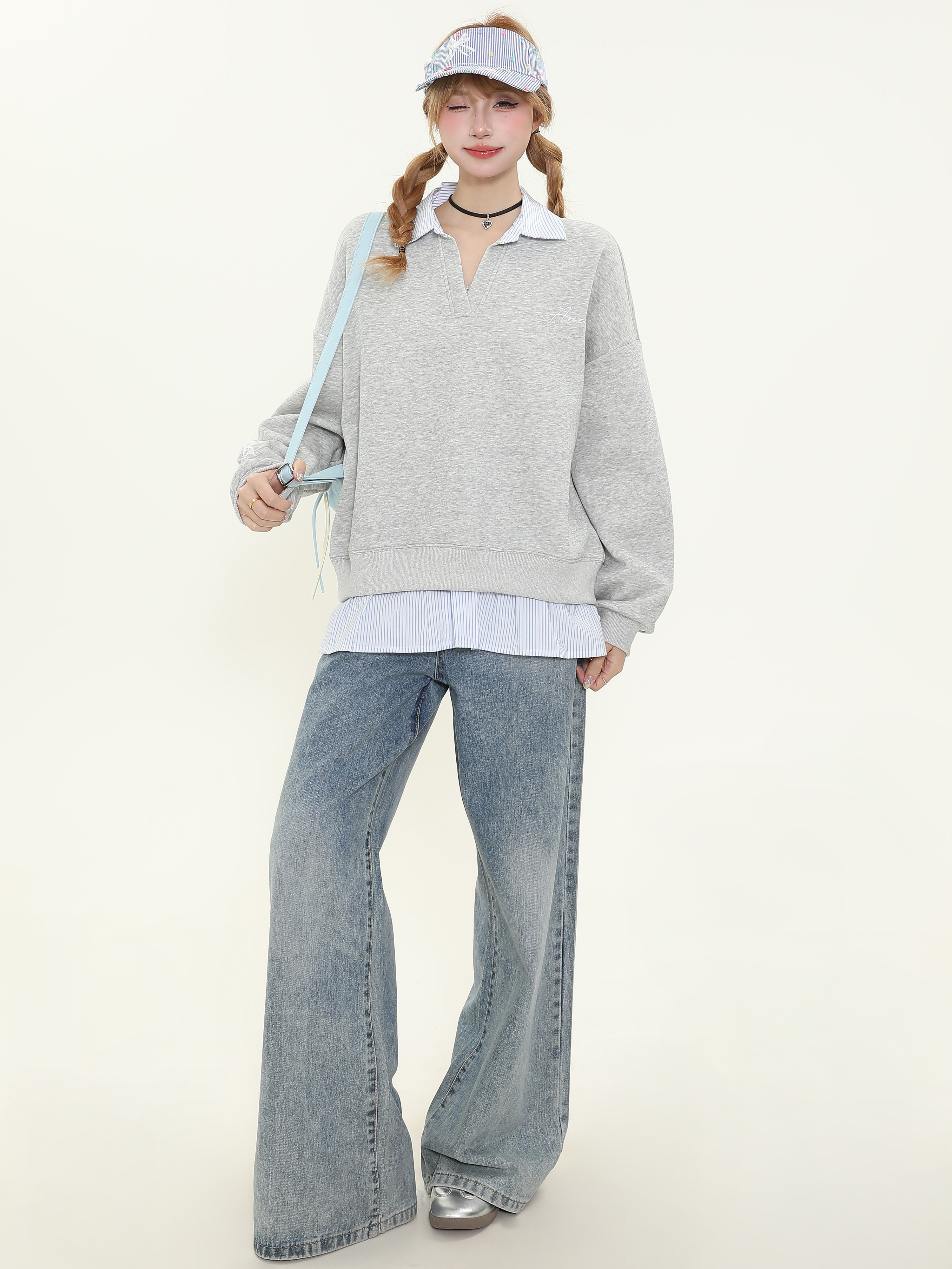 American Vintage Striped Splicing Long Sleeve Sweatshirt - Women's Oversized College Style Top