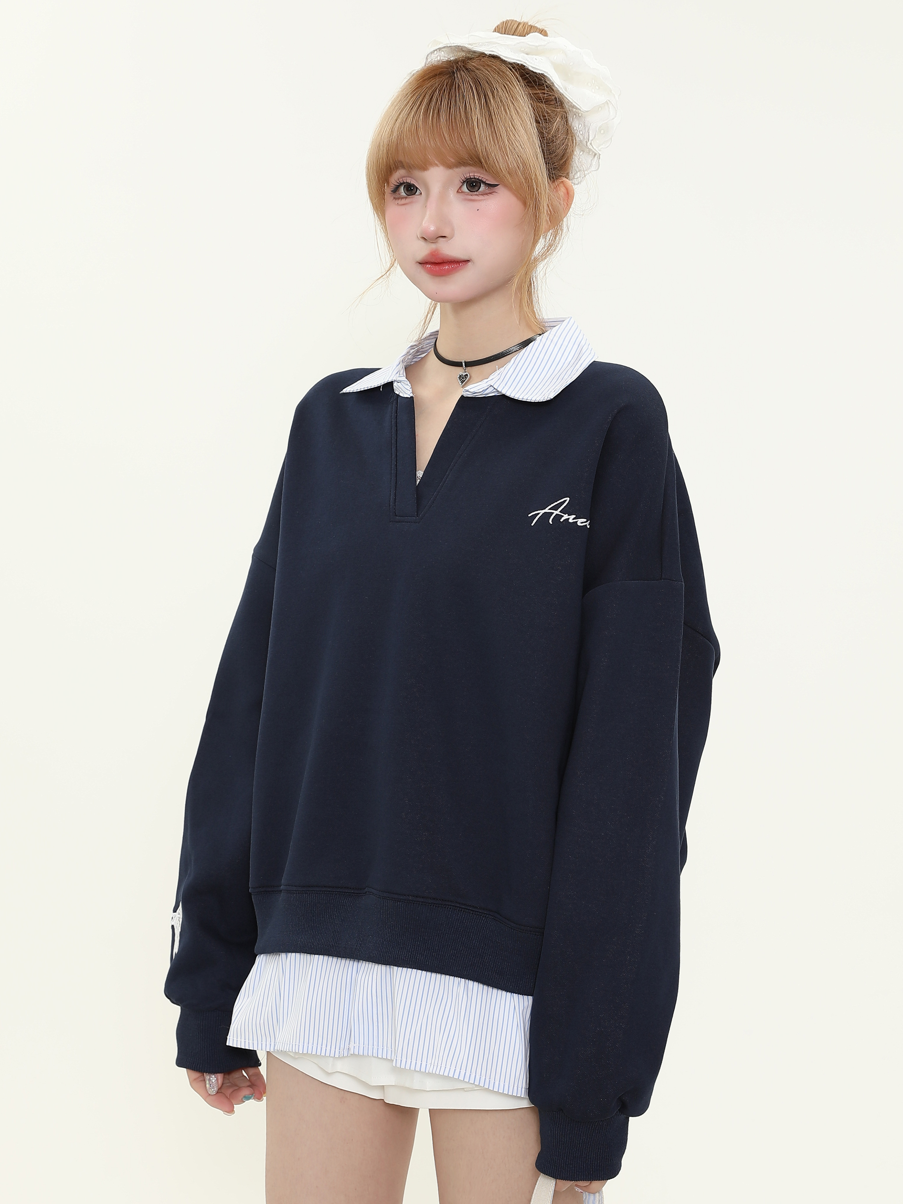 American Vintage Striped Splicing Long Sleeve Sweatshirt - Women's Oversized College Style Top