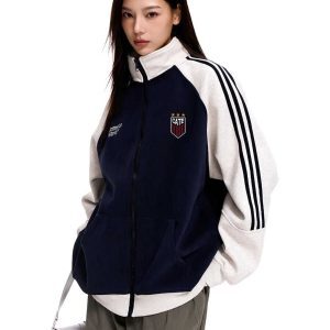 American Vintage Striped Stand Collar Cardigan Sweatshirt - Unisex Loose Color Block Casual Jacket for 90s Inspired Style