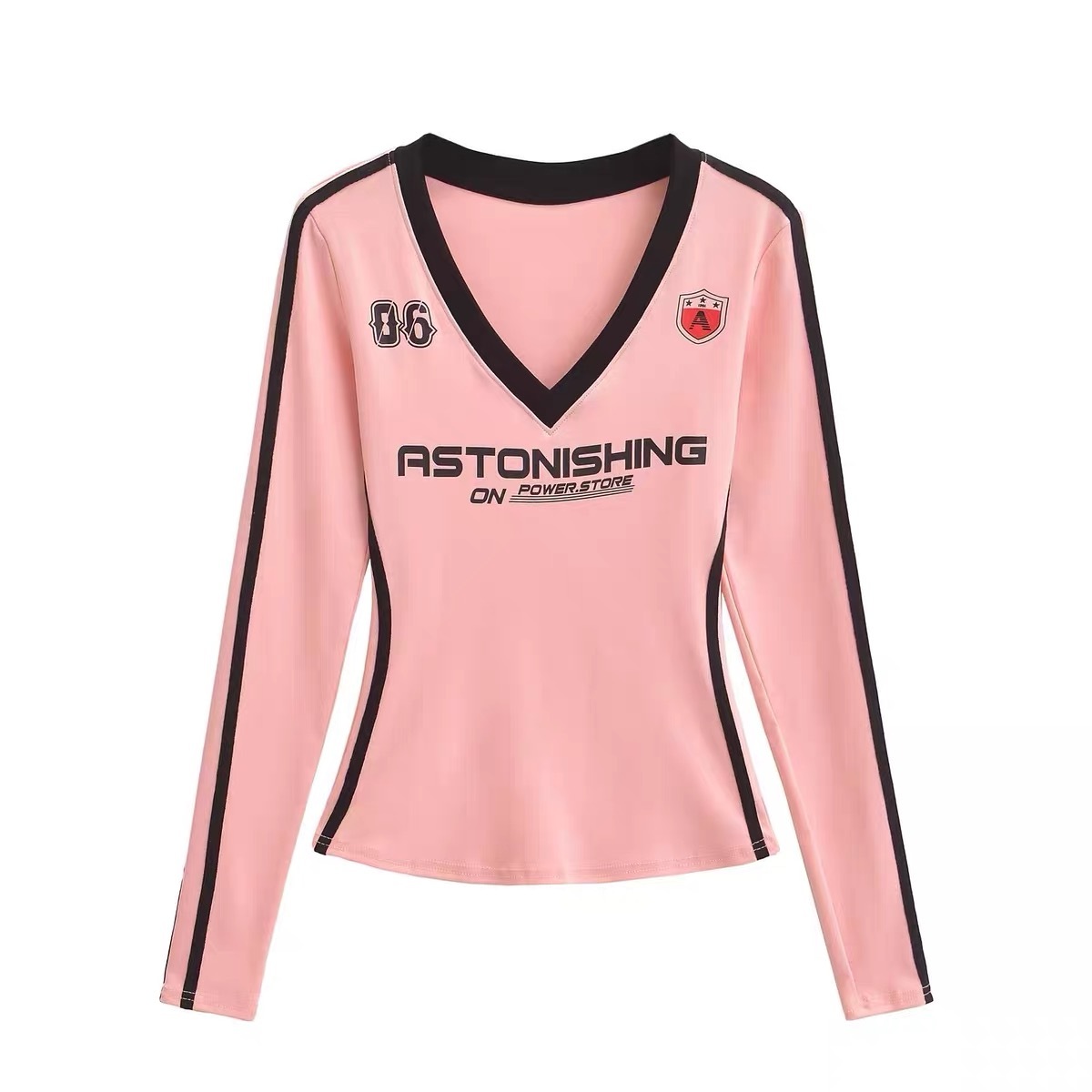 American Vintage Sweet Spicy Pink V-Neck Color Block Long Sleeve T-Shirt for Women - 2024 Autumn Jazz Dance Style