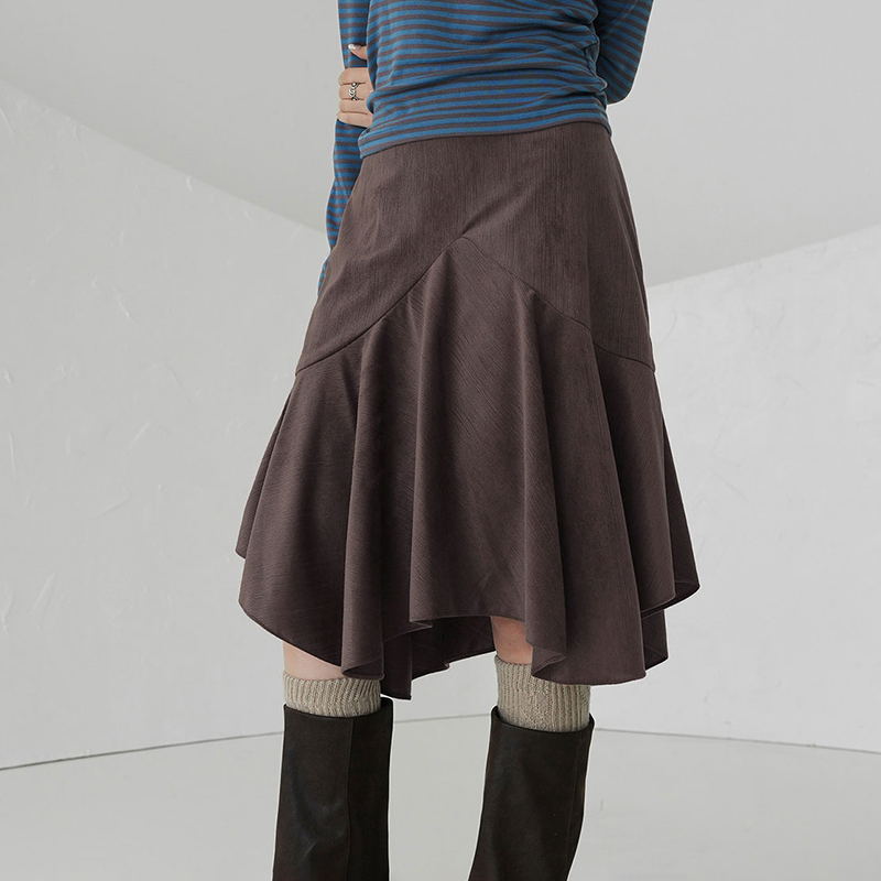 American Vintage Waist-Cinching Slimming Irregular A-Line Midi Skirt for Women in Melange Brown - Retro 90s Style