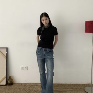 American Vintage Washed Cat Whisker Fitted Micro-Flare Jeans - Unisex Retro 90s Style Versatile Long Pants