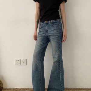 American Vintage Washed Cat Whisker Fitted Micro-Flare Jeans - Unisex Retro 90s Style Versatile Long Pants