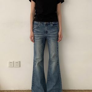 American Vintage Washed Cat Whisker Fitted Micro-Flare Jeans - Unisex Retro 90s Style Versatile Long Pants