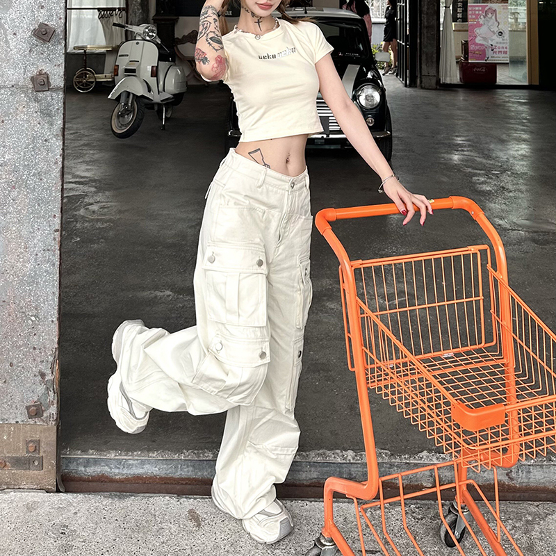 American Vintage Work Pants for Men and Women, Multi-Pocket Loose Straight Casual Paratrooper Pants, Y2K Style