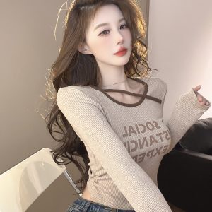 American Wasteland Slim-Fit Long Sleeve T-Shirt for Women, K-Pop Style Autumn Winter Top, Perfect for Jazz Music Festival