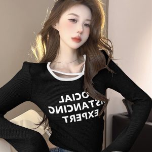 American Wasteland Slim-Fit Long Sleeve T-Shirt for Women, K-Pop Style Autumn Winter Top, Perfect for Jazz Music Festival
