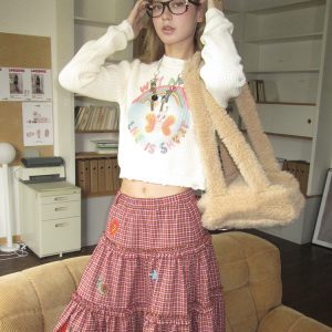 Angel Demon Print White Cotton Short Knit Sweater - Artist Original, Y2K Aesthetic, Cozy Fashion Top