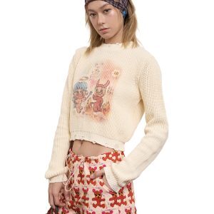 Angel Demon Print White Cotton Short Knit Sweater - Artist Original, Y2K Aesthetic, Cozy Fashion Top