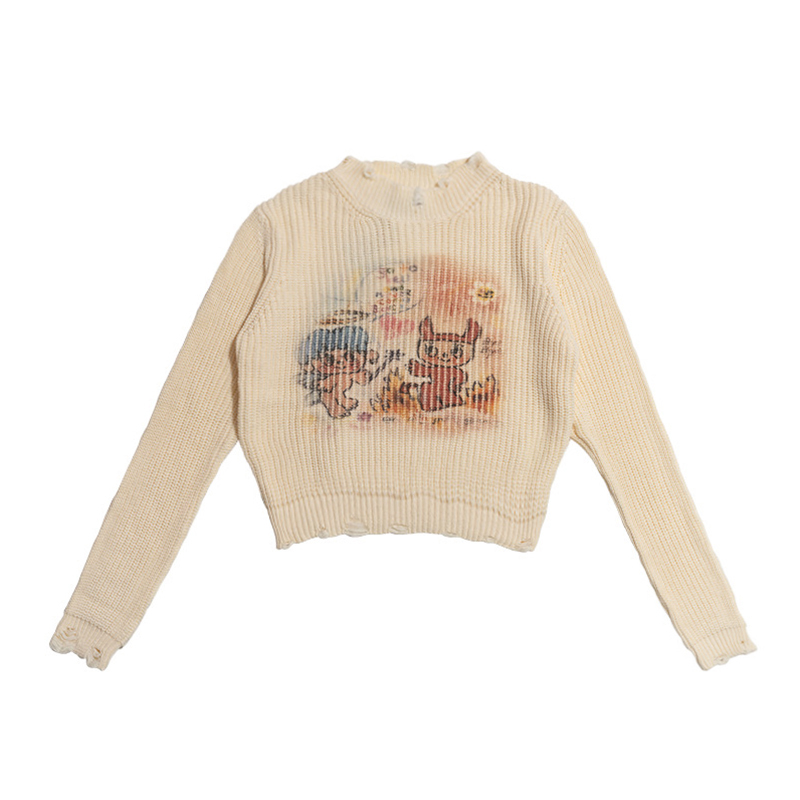 Angel Demon Print White Cotton Short Knit Sweater - Artist Original, Y2K Aesthetic, Cozy Fashion Top