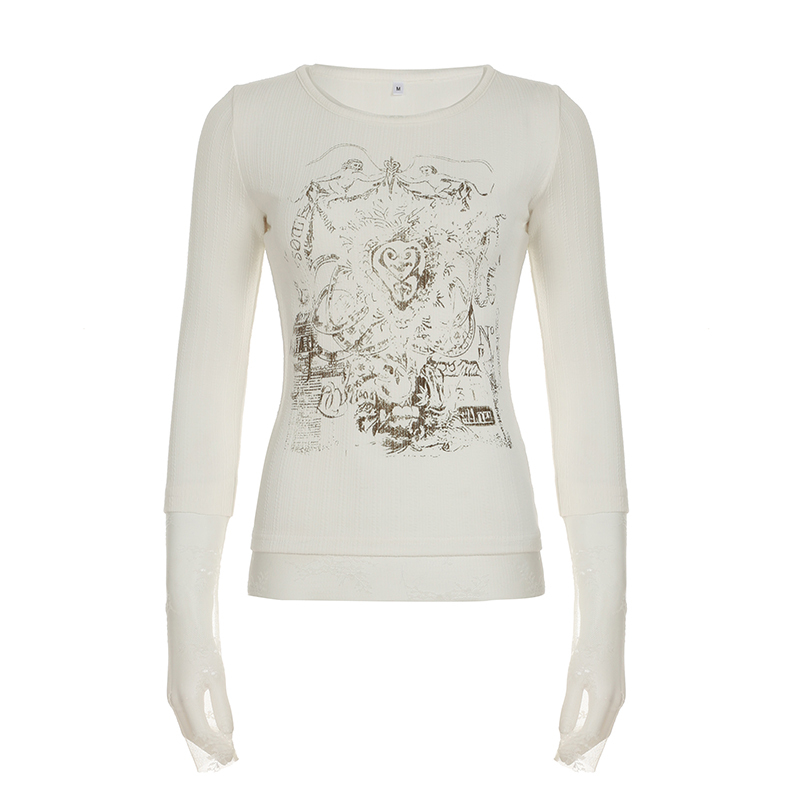 Angel Print Lace Splicing Long Sleeve T-Shirt - Vintage Slim Fit Round Neck Top for Autumn, 90s Inspired Subculture Style