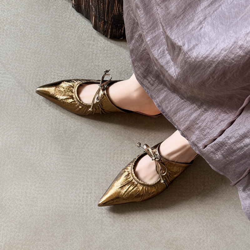Antique Bronze Ins-Style Wrinkled Pointed Toe Mules with Bow - Low-Heeled Closed-Toe Slippers for Women, Summer Fashion