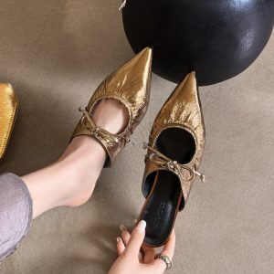 Antique Bronze Ins-Style Wrinkled Pointed Toe Mules with Bow - Low-Heeled Closed-Toe Slippers for Women, Summer Fashion