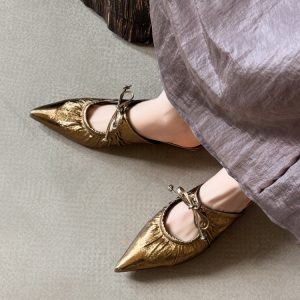 Antique Bronze Ins-Style Wrinkled Pointed Toe Mules with Bow - Low-Heeled Closed-Toe Slippers for Women, Summer Fashion