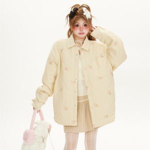 Apricot Floral Embroidered Houndstooth Cotton Coat - Women's Japanese Retro Lapel Jacket, Slim Fit Winter Outerwear