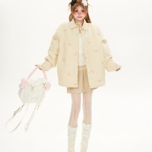 Apricot Floral Embroidered Houndstooth Cotton Coat - Women's Japanese Retro Lapel Jacket, Slim Fit Winter Outerwear