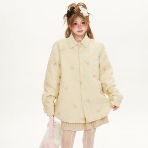 Apricot Floral Embroidered Houndstooth Cotton Coat - Women's Japanese Retro Lapel Jacket, Slim Fit Winter Outerwear