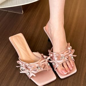 Apricot Square-Toe Bow Open-Toe Mule Shoes for Women - Summer Style, Chic Bride Girl, Elegant Slip-On Footwear