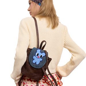 Artist Blue Bear & Cherry Print Backpack - Cute Y2K Style Bag for School and Daily Use