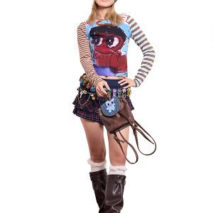 Artist Blue Bear & Cherry Print Backpack - Cute Y2K Style Bag for School and Daily Use