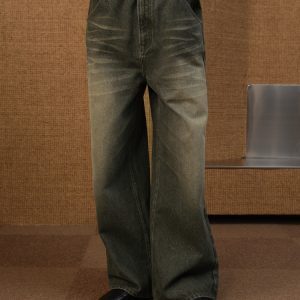Ash Green Straight-Leg Jeans with Natural Whiskering - Hand-Finished 13OZ Denim Trousers, Y2K Inspired Style