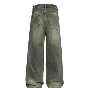 Ash Green Straight-Leg Jeans with Natural Whiskering - Hand-Finished 13OZ Denim Trousers, Y2K Inspired Style
