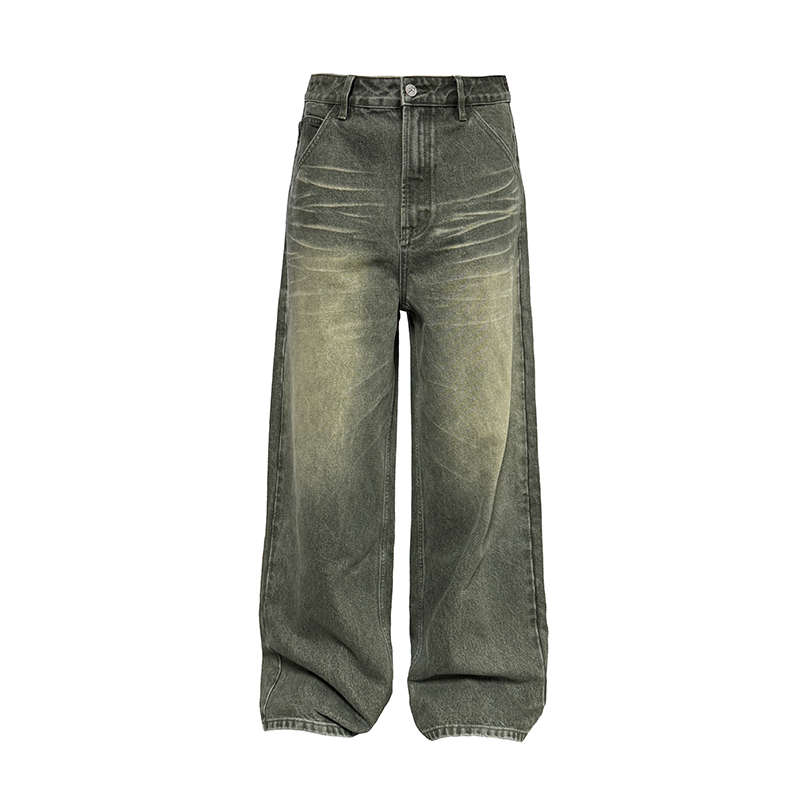 Ash Green Straight-Leg Jeans with Natural Whiskering - Hand-Finished 13OZ Denim Trousers, Y2K Inspired Style