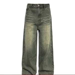 Ash Green Straight-Leg Jeans with Natural Whiskering - Hand-Finished 13OZ Denim Trousers, Y2K Inspired Style