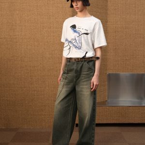 Ash Green Straight-Leg Jeans with Natural Whiskering - Hand-Finished 13OZ Denim Trousers, Y2K Inspired Style