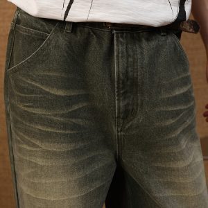 Ash Green Straight-Leg Jeans with Natural Whiskering - Hand-Finished 13OZ Denim Trousers, Y2K Inspired Style
