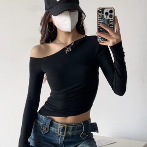 Asymmetrical Black Long Sleeve T-Shirt for Women - Sexy Irregular Shoulder Design, Slim Fit, Perfect for Spring Jazz Dance Style