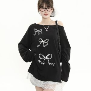 Asymmetrical Collar Off-Shoulder Bowknot Printed Long Sleeve T-Shirt with Lace Splicing - Women's Loose Sun Protection Cover-Up