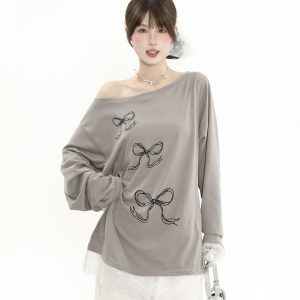 Asymmetrical Collar Off-Shoulder Bowknot Printed Long Sleeve T-Shirt with Lace Splicing - Women's Loose Sun Protection Cover-Up