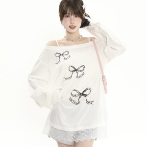 Asymmetrical Collar Off-Shoulder Bowknot Printed Long Sleeve T-Shirt with Lace Splicing - Women's Loose Sun Protection Cover-Up