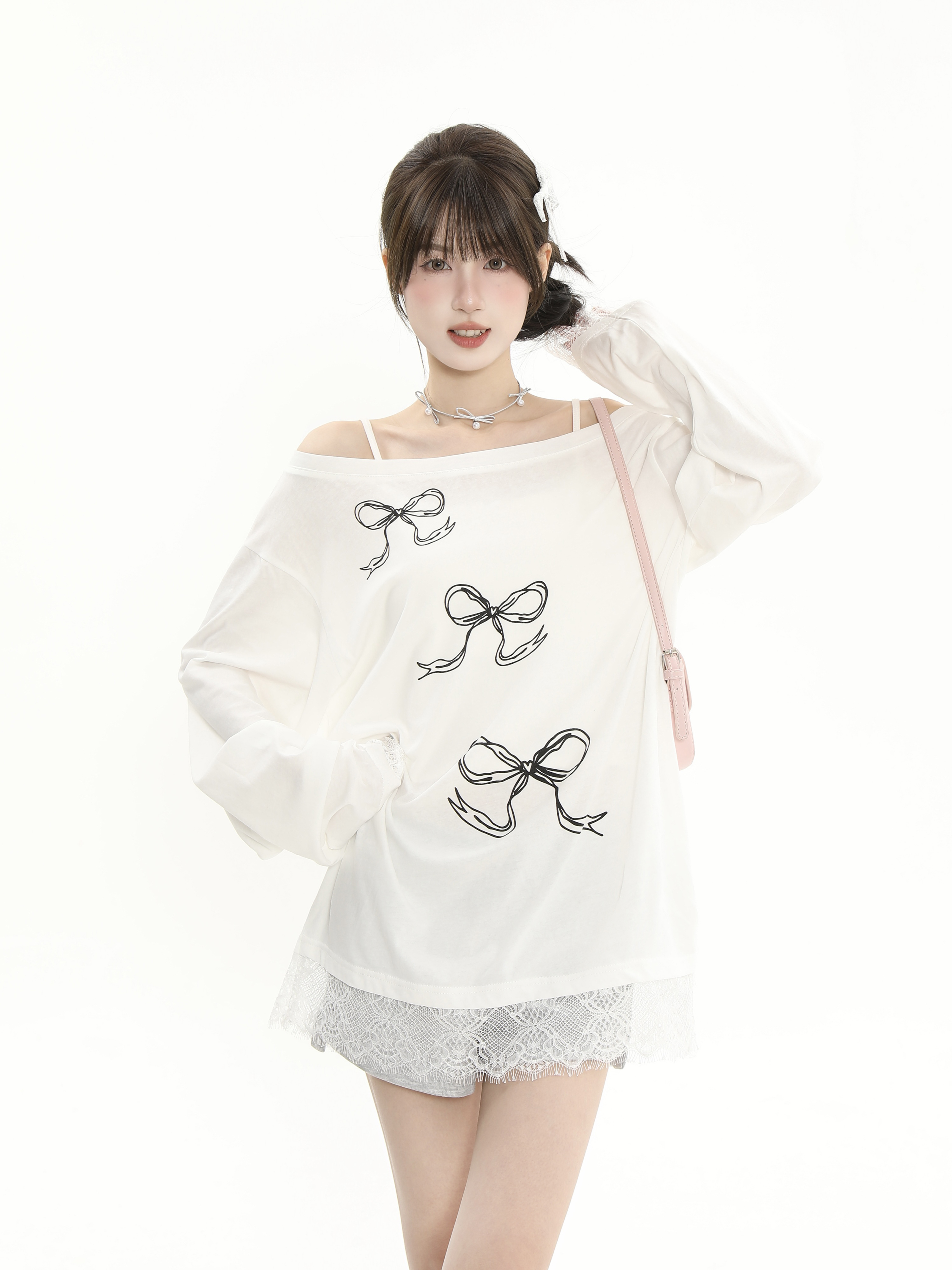 Asymmetrical Collar Off-Shoulder Bowknot Printed Long Sleeve T-Shirt with Lace Splicing - Women's Loose Sun Protection Cover-Up