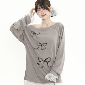 Asymmetrical Collar Off-Shoulder Bowknot Printed Long Sleeve T-Shirt with Lace Splicing - Women's Loose Sun Protection Cover-Up