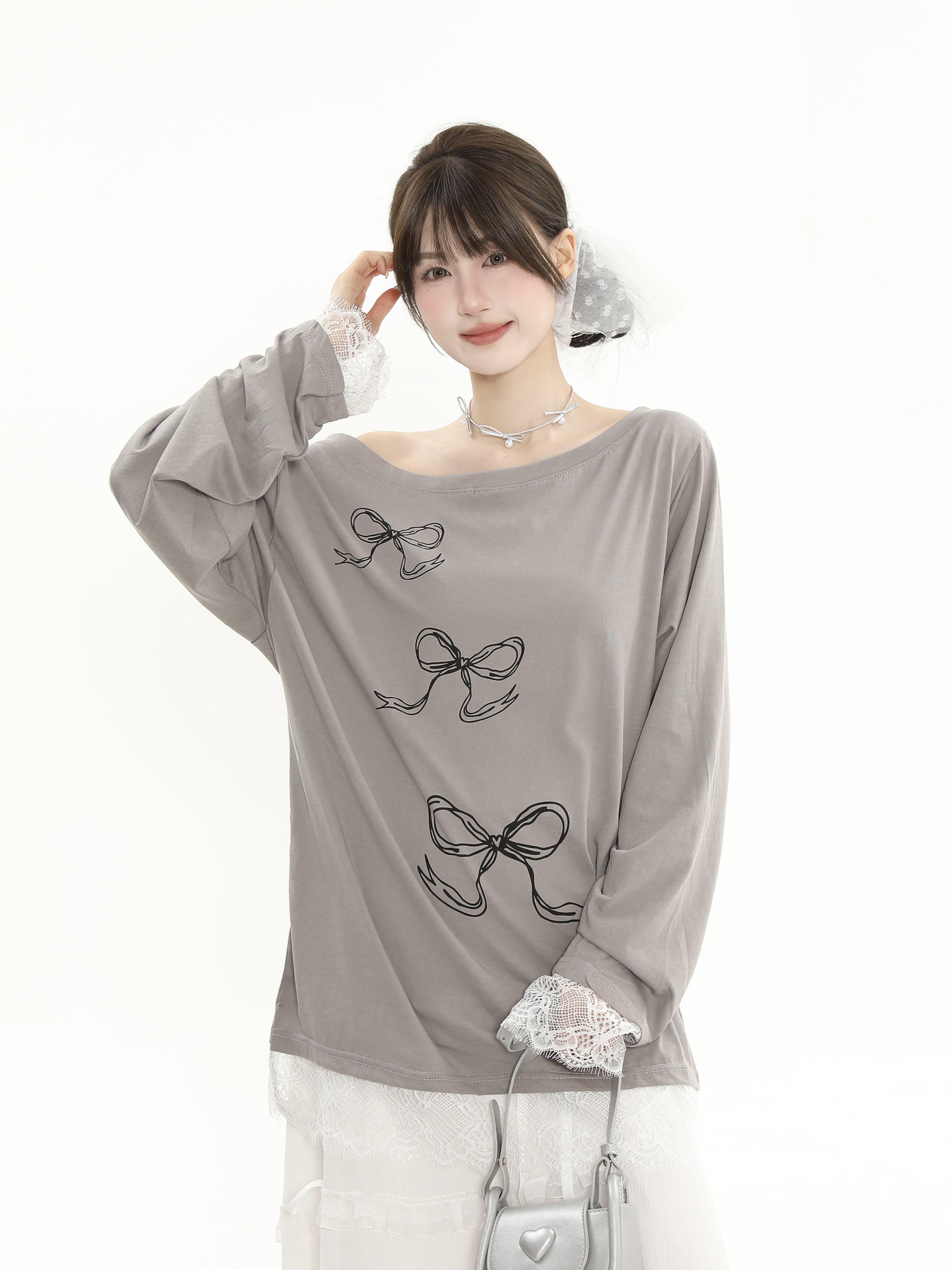Asymmetrical Collar Off-Shoulder Bowknot Printed Long Sleeve T-Shirt with Lace Splicing - Women's Loose Sun Protection Cover-Up