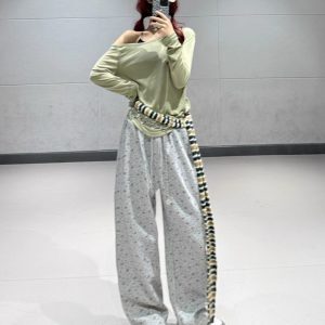 Asymmetrical Loose Draped Long Sleeve Off-Shoulder T-Shirt - Women's Green Jazz Dance Cover-Up for Autumn Winter Fashion