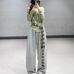 Asymmetrical Loose Draped Long Sleeve Off-Shoulder T-Shirt - Women's Green Jazz Dance Cover-Up for Autumn Winter Fashion