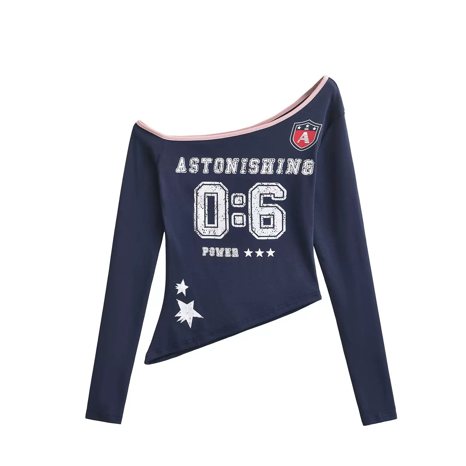 Asymmetrical Off-Shoulder Long Sleeve T-Shirt with Jazz Dance Letter Design - Sexy Shoulder-Baring Top for Women, Y2K Style