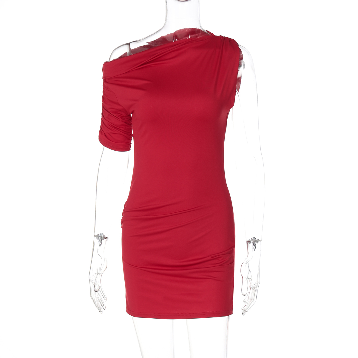 Asymmetrical Off-Shoulder Short Sleeve Bodycon Dress for Women - High-Waisted Slim Fit, European & American Instagram Style