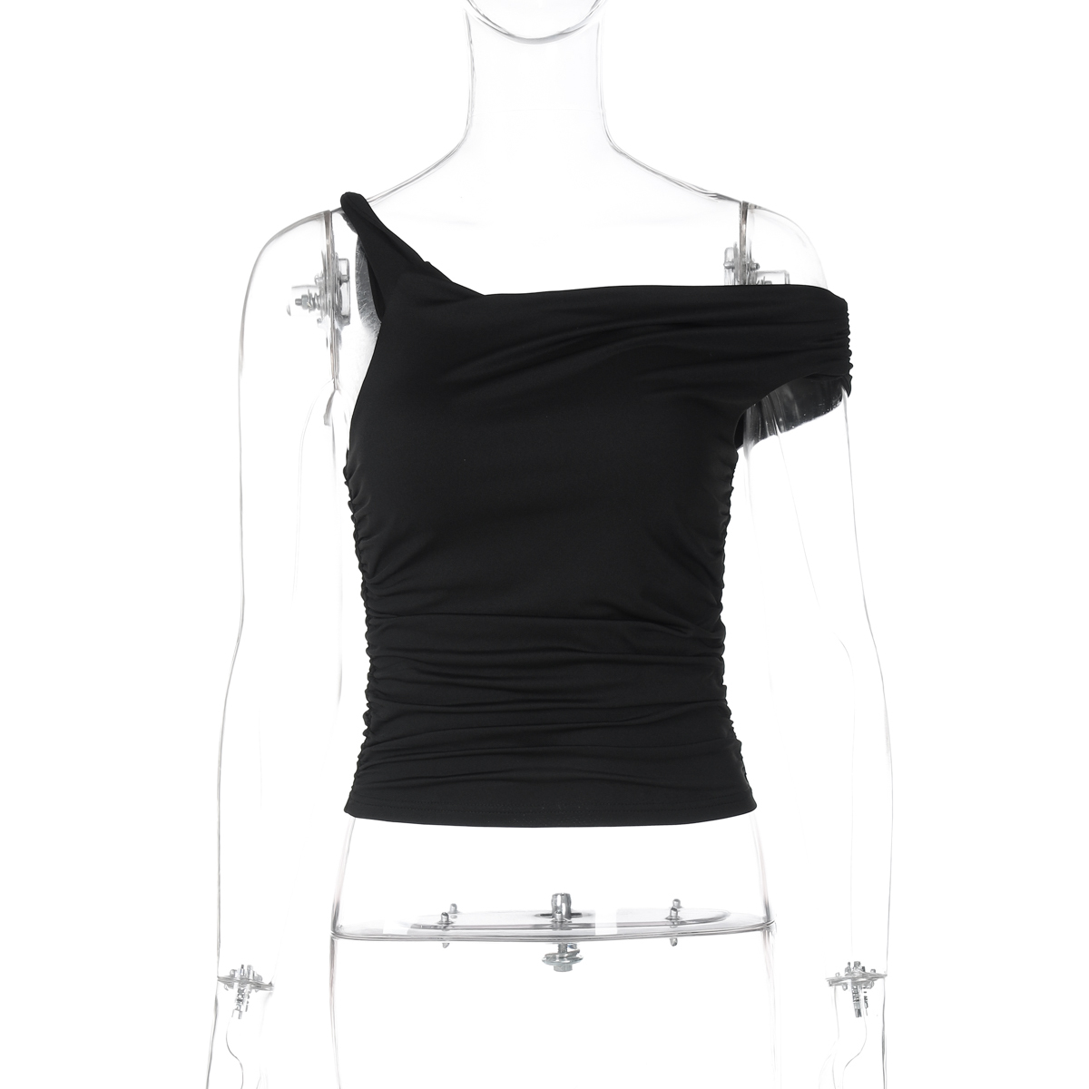 Asymmetrical One-Shoulder Ruched T-Shirt for Women - Sexy Casual Stretchy Fitted Top for Hot Girl Style, 90s Inspired
