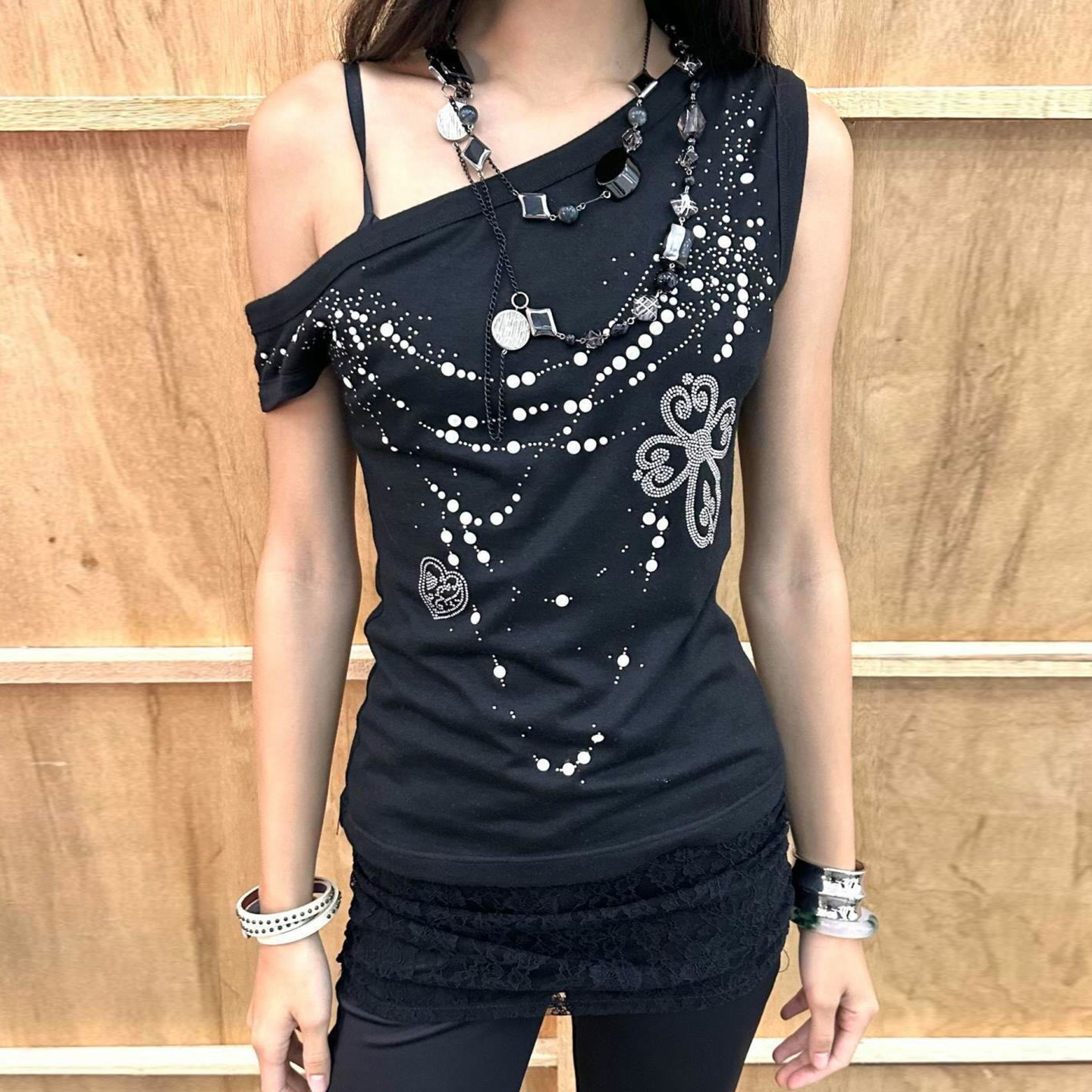 Asymmetrical Rhinestone Printed Tank Top - Wasteland Punk Dark Style Street Fashion
