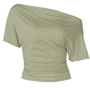 Asymmetrical Short-Sleeve T-Shirt for Women - Pleated High-Waisted Slim Fit, Trendy Summer Top, Versatile Fashion Essential