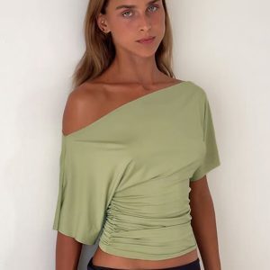 Asymmetrical Short-Sleeve T-Shirt for Women - Pleated High-Waisted Slim Fit, Trendy Summer Top, Versatile Fashion Essential