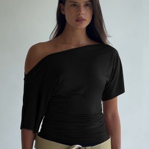 Asymmetrical Short-Sleeve T-Shirt for Women - Pleated High-Waisted Slim Fit, Trendy Summer Top, Versatile Fashion Essential
