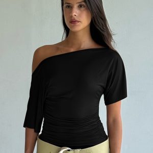 Asymmetrical Short-Sleeve T-Shirt for Women - Pleated High-Waisted Slim Fit, Trendy Summer Top, Versatile Fashion Essential