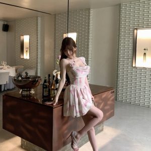 Asymmetrical Shoulder Strap Pink Rose Floral Waist-Defined Summer Dress - Y2K Style, Trendy Women's Casual Dress