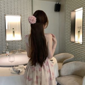 Asymmetrical Shoulder Strap Pink Rose Floral Waist-Defined Summer Dress - Y2K Style, Trendy Women's Casual Dress